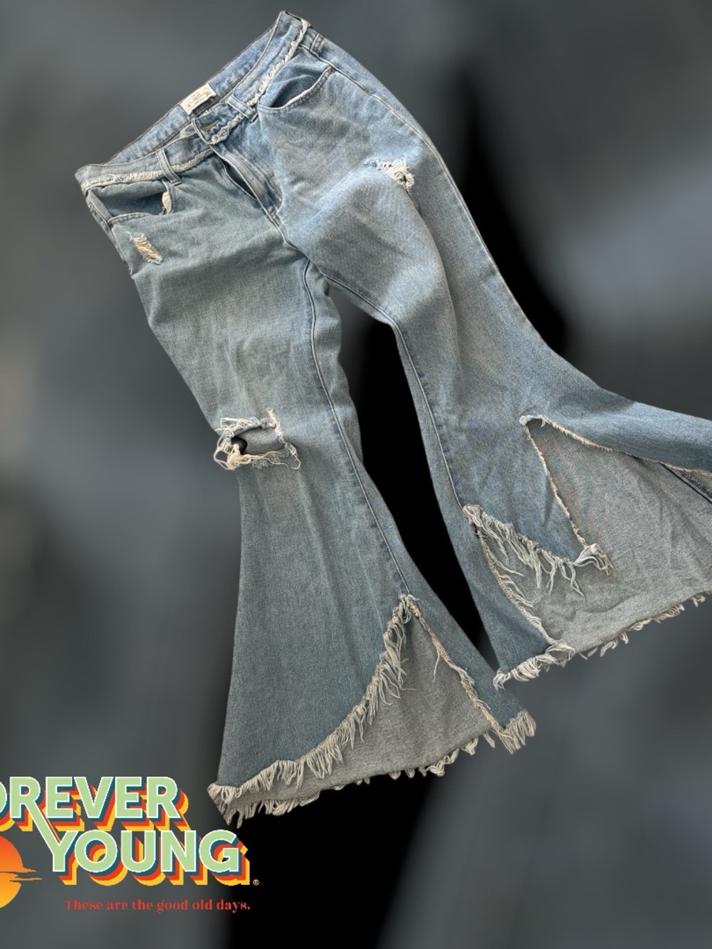 Forever Young Light Blue Ripped Flare Jeans with Frayed Hem